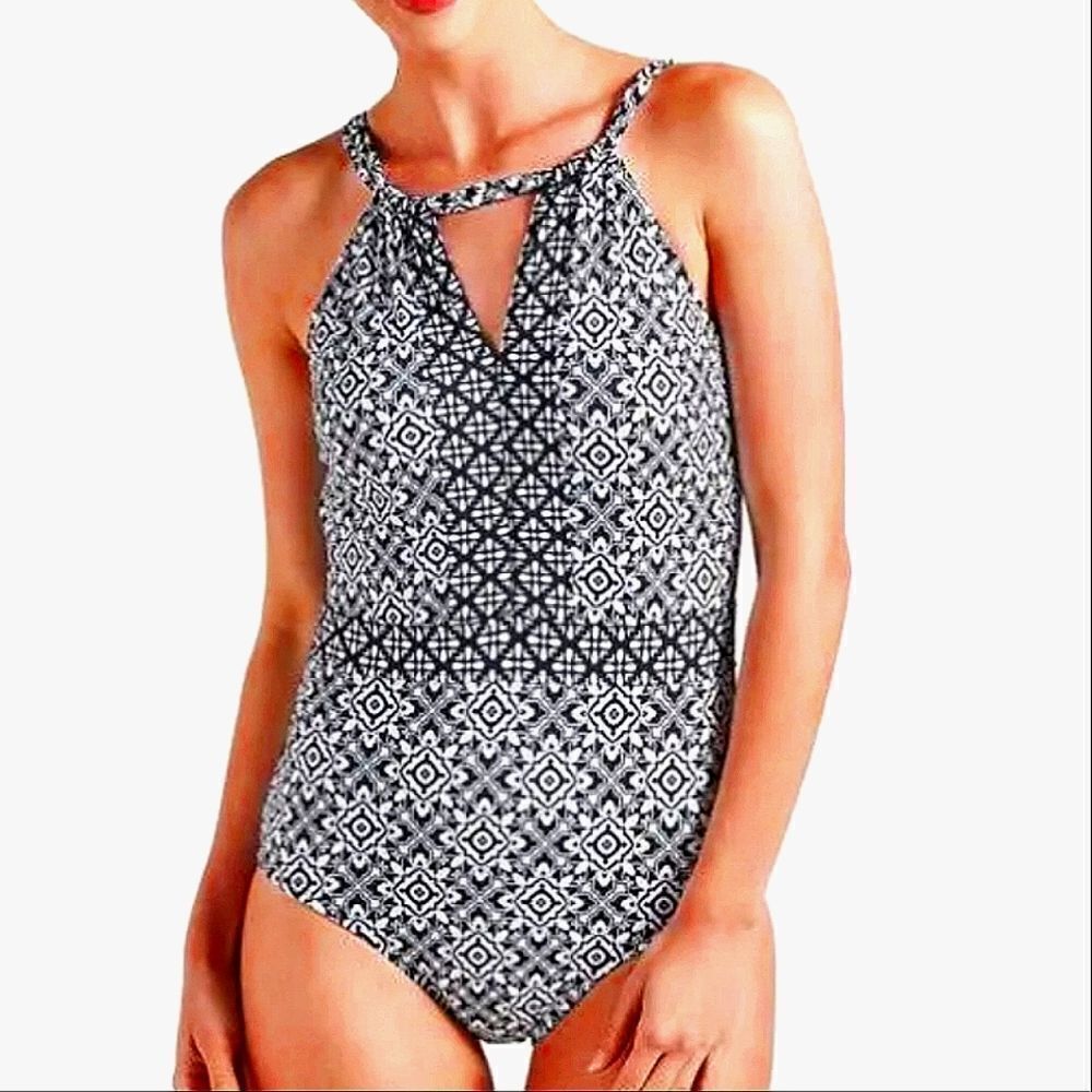 Jantzen Monotone High-Neck key hole One-Piece Swimsuit black white Women…